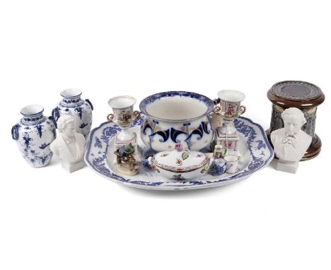 A selection of British and Continental ceramics, including: a Cauldon England blue and white meat serving plate, with turkey 
