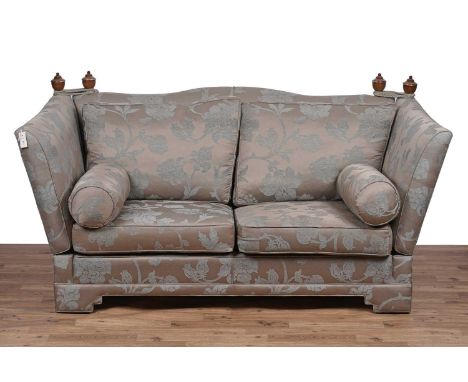 Duresta: a two-seater drop end sofa, upholstered in a blue and grey/silver floral fabric, 206 x 107 x 103cms high.