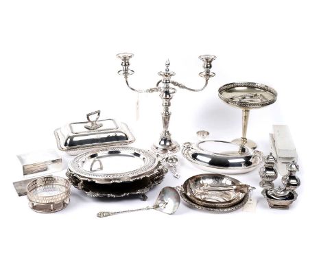 A selection of silver and silver plated wares, including: a silver cigarette box, hallmarks worn; a silver cigarette case, by