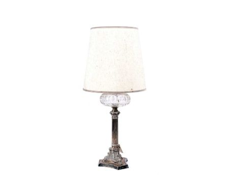 A Victorian silver plated Corinthian column table lamp, converted from an oil lamp, with Hinks &amp; Sons patent brass fittin
