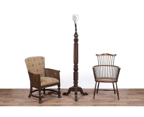A Georgian style beech comb back Windsor chair, with canework seat pad, 58 x 44 x 86cms high; a late 17th Century style beech
