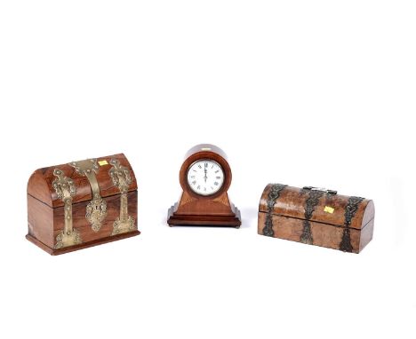 A late 19th Century brass bound burr walnut work box, of trunk form, 25.5cms wide; together with other items, including: an e