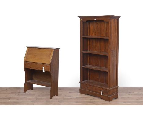 A 20th Century oak bureau, with fall-front slope revealing a fitted interior above single drawer and single shelf, 80 x 33 x 