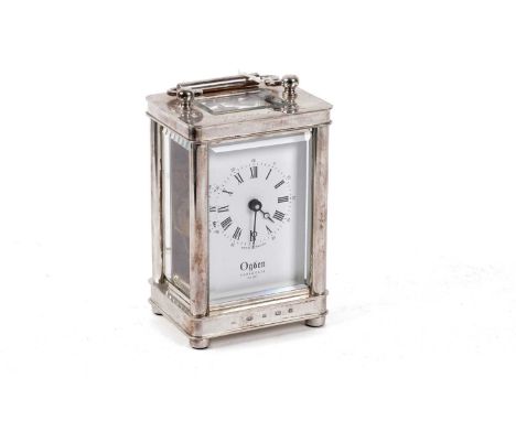 An Elizabeth II silver cased carriage clock, Sheffield 2006, the white enamel Roman dial signed Ogden, Harrogate, personal in