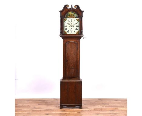 David Cairns Morpeth: an oak longcase clock, the painted white Roman dial with two subsidiary dials, painted castle and marit
