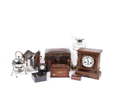 A selection of metal ware and collectibles, including: an early 20th Century carved oak mantle clock, with white enamel Roman