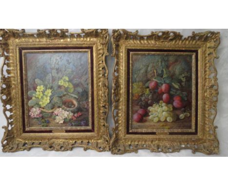 Vincent Clare (1855-1930) - still lifes, bird's nest and eggs with primroses and other spring flowers / plums and grapes in a