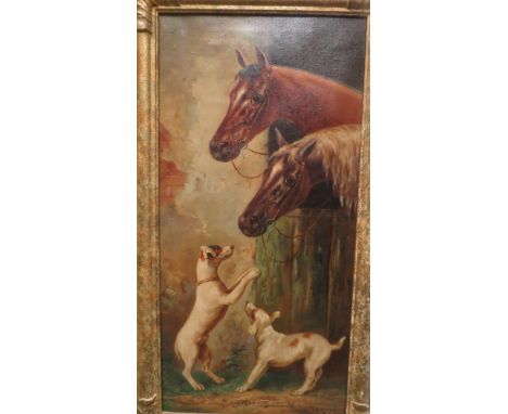 R Kienbock - framed and glazed oil on canvas in the style of Herrin, depicting two horses leaning over a stable door with Jac