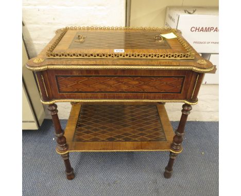 A 19th century French marquetry two tier Vido Poche with gilt gallery, lift off lid and lower shelf