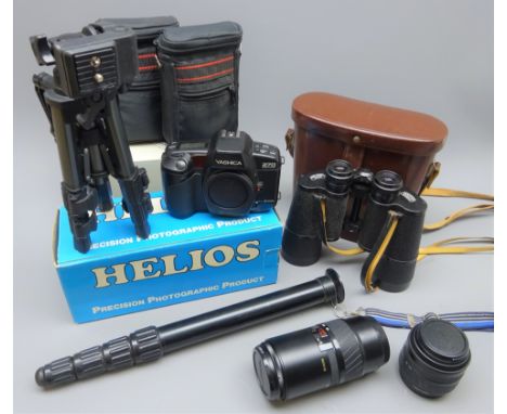 Pair of Carl Zeiss Jena 10x50w binoculars in leather carrying case, Yashica 270 35mm camera, boxed, with two cased lenses, mo