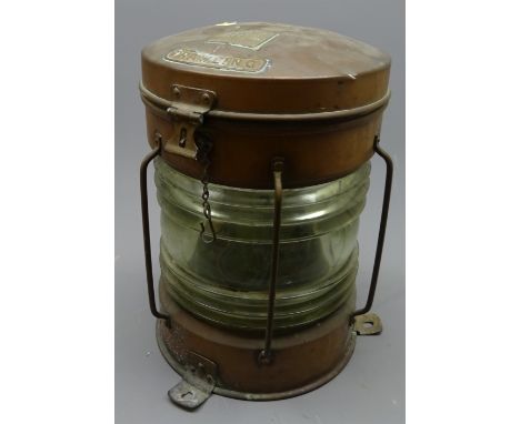 Seahorse ship's copper and brass Trawling lamp, No.53353, cylindrical caged body with clear glass lens, H36cm  Condition Repo