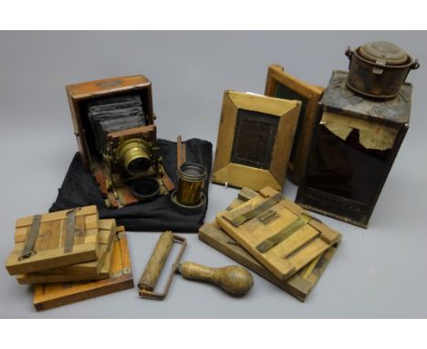 Lancaster 1888 patent brass and mahogany Instantograph camera with J. Lancaster brass 1/4 pl, Patent Rectigraph lens, Marion 