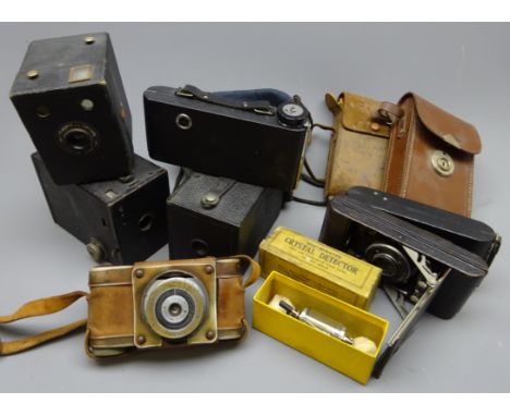 Sirio Firenze 35mm camera with Semitelar F=50mm lens and leather case, three folding cameras by Kodak, Penguin etc, three box
