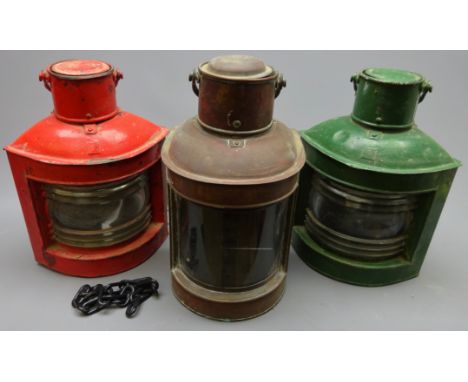 Pair of ship's Port and Starboard Navigation lamps, metal bodies painted red & green with clear glass lenses and a copper Nav