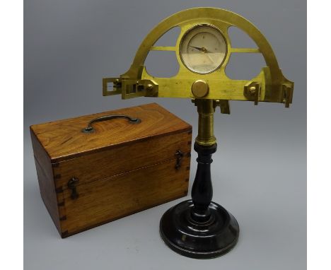 French brass Graphometer with slivered dial on adjustable bracket, in fitted mahogany box with separate ebonised turned woode