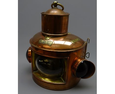 Simpson Lawrence & Co. Glasgow ship's copper Masthead lamp of half-round form with additional Port & Starboard filters to eac