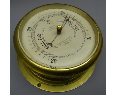 H.Hughes & Son Improved Marine Aneroid Compensated Barometer, brass bulkhead case with bevelled glass front, D21cm Condition 