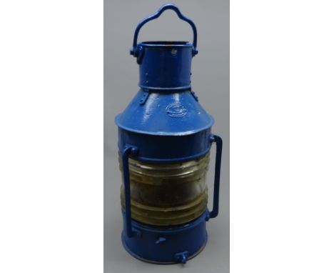 Ship's Masthead lamp, by William Harvie & Co Ltd, Glasgow, blue painted metal body with clear lens with red reflector, H60cm.