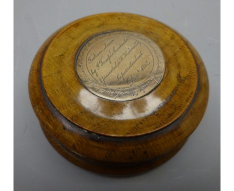 Victorian turned oak circular snuff box, top inset with a circular plaque engraved ' Relic of the Mast Building, East India D