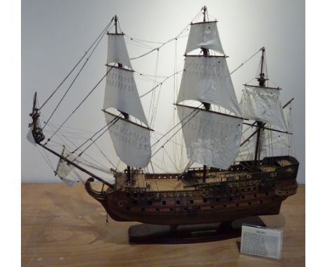 Scale model of the 17th century Spanish three masted Gunship San Felipe, fully rigged on stand, with details, L92cm, H77cm   