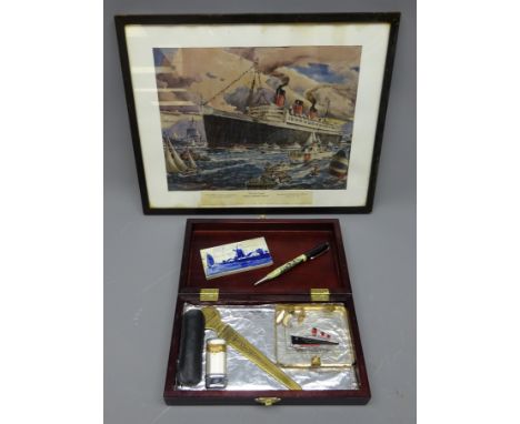 R.M.S Queen Mary memorabilia including cuff links, lighter, pen, pen knife, 'The Last Voyage' framed print after Arthur Beaum