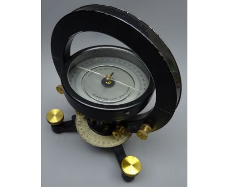 Philip Harris Ltd. Tangent Galvanometer with silvered dial and scale, black japanned frame on three adjustable brass feet, st