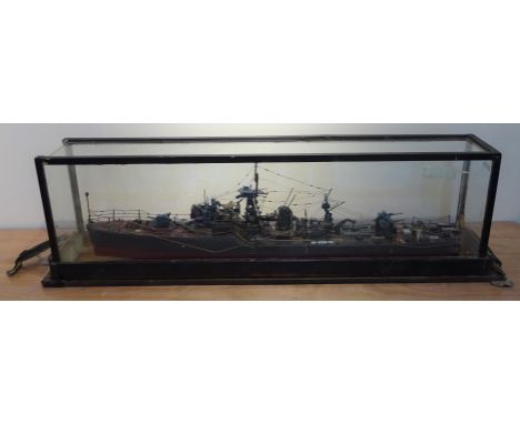 Scratch built scale model of a WW1 gunship, wooden hull with copper rails, in glazed display case, model L105cm, case L127cm,