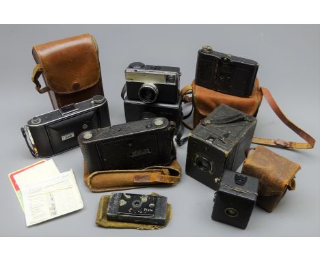 Seven vintage cameras comprising Contessa Pixie 4 x 6cm compact strut camera c1913, Kodak No.1 Autographic, Zeiss Ikon Baby B