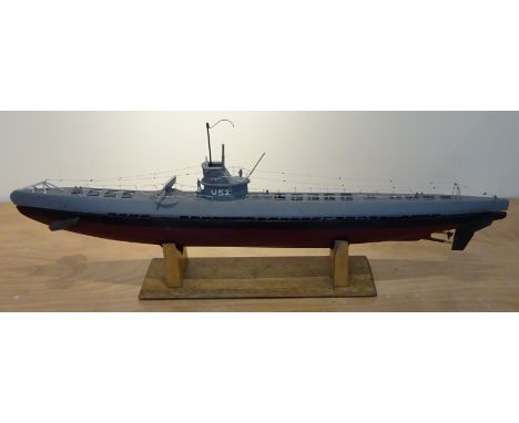 Radio Controlled kit built scale model of a German U Boat U52, painted hull and conning tower, on stand, L106cm. Provenance; 