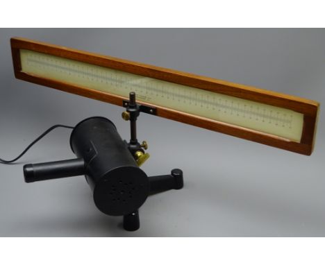 Philip Harris Ltd. Mirror Galvanometer light source with cream paper scale in mahogany surround on black japanned and brass t