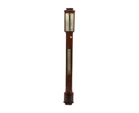 A mahogany bow fronted stick barometer, 19th century and later, the silvered register engraved 'Roselli, London', over a silv