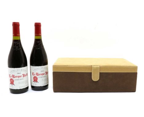 Cotes-du-Rhone, La Barque Vieille, Andre Roux, 2003, two bottles, in a presentation case with bottle opener, stopper, wine th