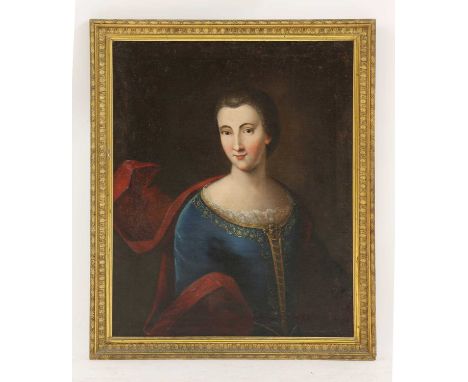 French School, mid-18th centuryPortrait of a lady, said to be Mlle de Vaudreuille, half length, in a blue-gold embroidered dr