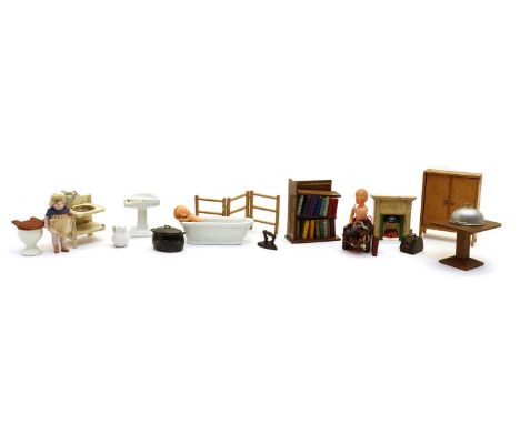 A collection of dolls house furniture, to include a Givjoy three piece porcelain bathroom set, sink (a.f) and bath, 11.3cm wi