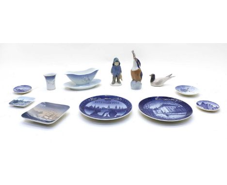 A collection of Royal Copenhagen ceramics, to include a figure of a kingfisher, 18cm high, a gull, a figure of a fisherman, t