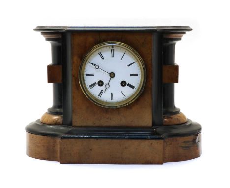 A walnut and ebonised mantel clock, 19th/20th century, with a French drum movement striking on a bell, 23cm highProvenance: F