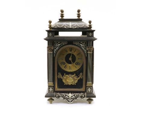 A small 19th century Renaissance revival ebony veneer, ivory and gilt metal mantel clock, signed Marshall and Sons, 176 Georg