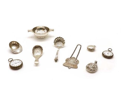 A silver reproduction jockey cap caddy spoon, marks for Sheffield, together with a small collection of further silver items, 