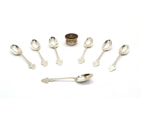 Golfing Interest - a silver and pique work snuff box, marks worn, 3.5cm diameter, and seven silver coffee spoons, the termina