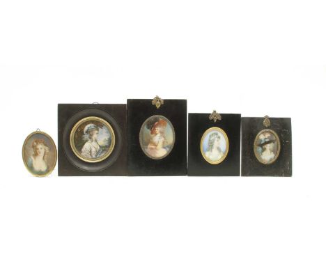 Five portrait miniatures, three probably after Gainsborough, two titled: 'Duchess of Devonshire'; 'Lady MacDonald', two signe