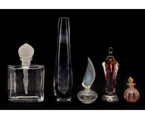 A Kosta glass vase, designed by Vicke Lindstrand, with pinstripe decoration, 29cm high, a Czech glass scent bottle, with subm