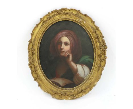 19th century schoolPortrait of a lady in a purple headscarf, wearing greenoil on copper, oval52 x 43cmCondition report: Some 