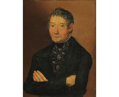 Continental School, 19th century,Portrait of a gentleman, half length, in a green coat with his arms foldedoil on canvas24.5 