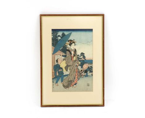 A collection of five Japanese woodblock prints, including one with a lady in a bath, attributed to Torii Kiyomitu, three ladi
