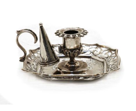 A Victorian silver candlestick and snuffer, by Charles Thomas Fox and George Fox, London 1851, on an octagonal base, with eng