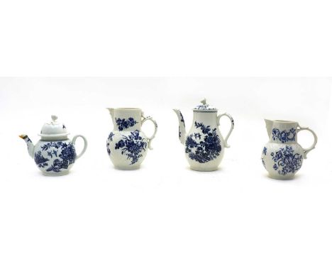 A first Period Worcester porcelain coffee pot, decorated in the fence pattern, the lid with a bud knop, crescent mark to base