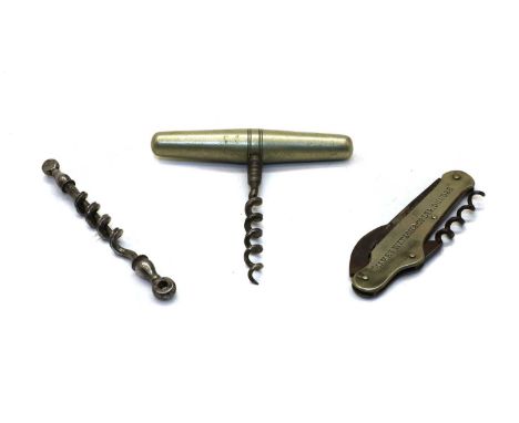 Three various corkscrews, comprising a folding example with two blades, inscribed ''James Watson & Co Ltd, Dundee'', ''No.10 