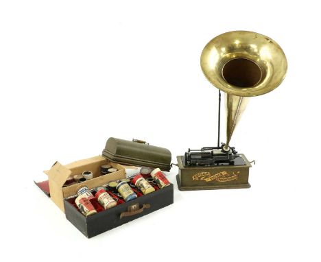 An Edison Home Phonograph, no. H114965, with large brass horn and cylinder records, by Clarion and Edison, some in original c