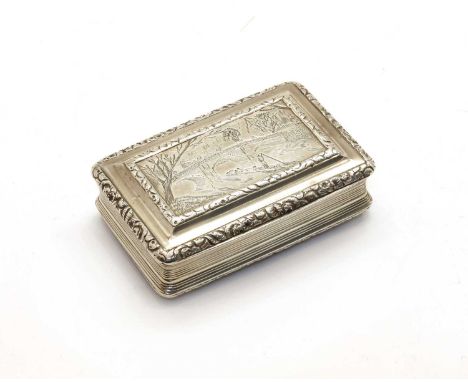 A Regency table snuff box, by Thomas Smith, Birmingham 1822, with reeded sides, the lid with an engraved scene of a bridge wi