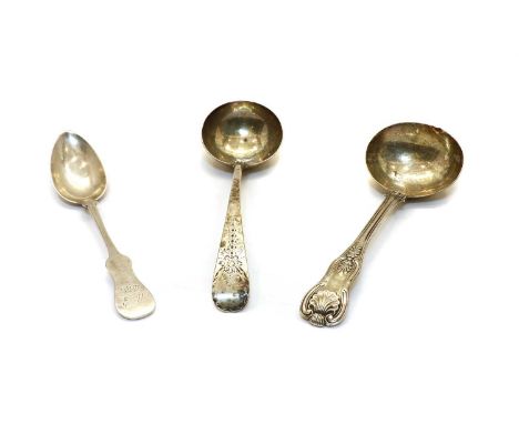 A late George III silver sauce ladle, London, 1786, with bright cut engraving detail, makers mark IP, another 19th Century sa